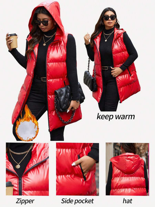 Calvaya Manteau rembourré à capuche sans manches de grande taille, longueur mi-longue, métallique, pour l'hiver