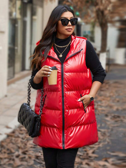 Calvaya Manteau rembourré à capuche sans manches de grande taille, longueur mi-longue, métallique, pour l'hiver