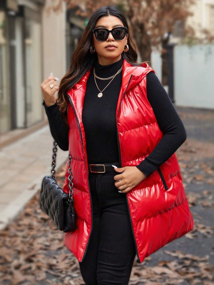 Calvaya Manteau rembourré à capuche sans manches de grande taille, longueur mi-longue, métallique, pour l'hiver