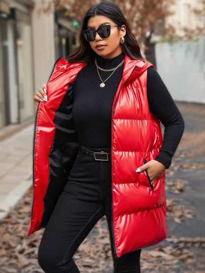 Calvaya Manteau rembourré à capuche sans manches de grande taille, longueur mi-longue, métallique, pour l'hiver