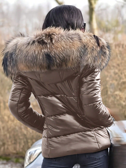 Manteau matelassé à capuche au col moelleux et brillant, fermeture à glissière