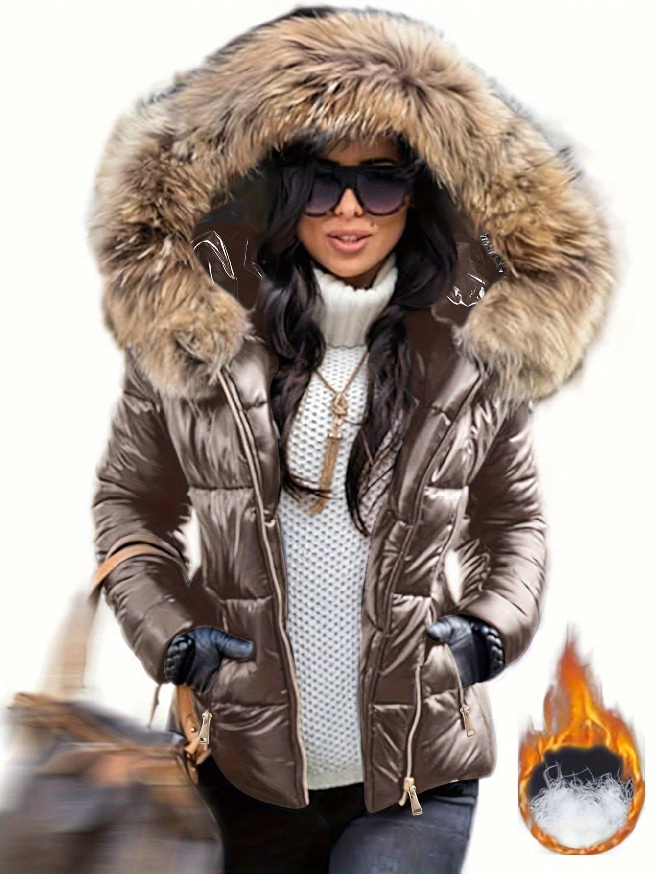 Manteau matelassé à capuche au col moelleux et brillant, fermeture à glissière